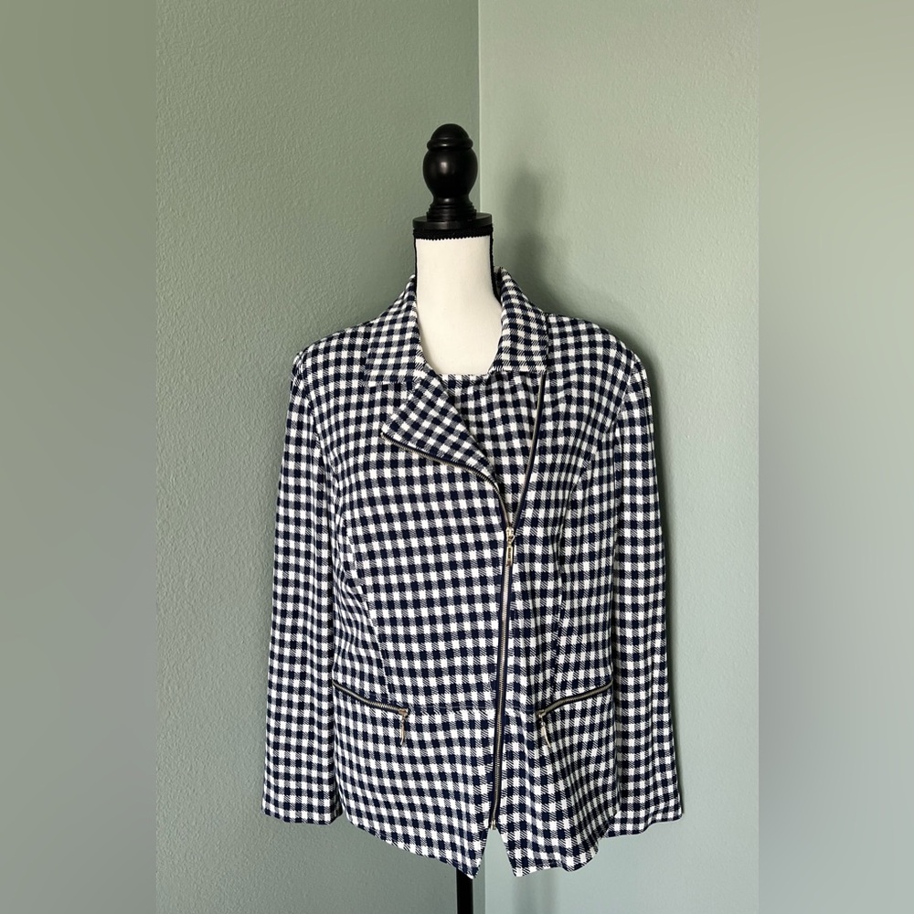 NEW CHICO’S Woman’s Gingham Moto Jacket Blazer White Navy sz 2